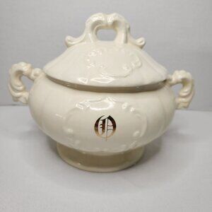 Vintage Ceramic Soup Tureen With Decorative Lid & Handles - Cream White